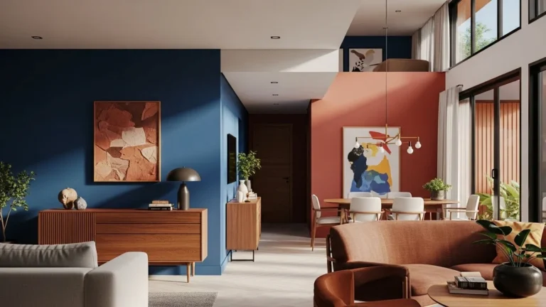 Casa brasileira contemporânea com paredes coloridas e design moderno, representando o retorno das cores na arquitetura e decoração residencial.