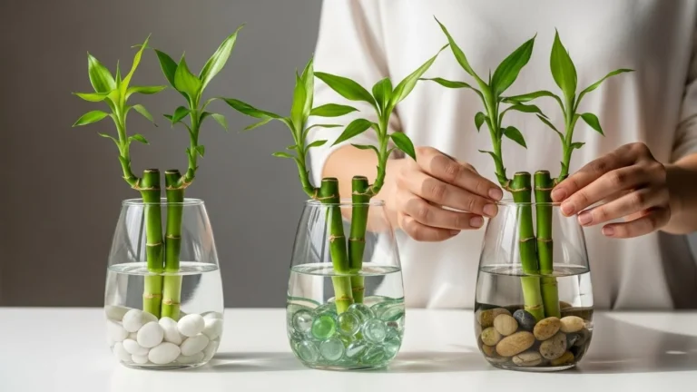 Bambu da sorte cultivado na água em vasos de vidro com pedras decorativas, usado na decoração de ambiente moderno e minimalista, simbolizando harmonia, prosperidade e equilíbrio