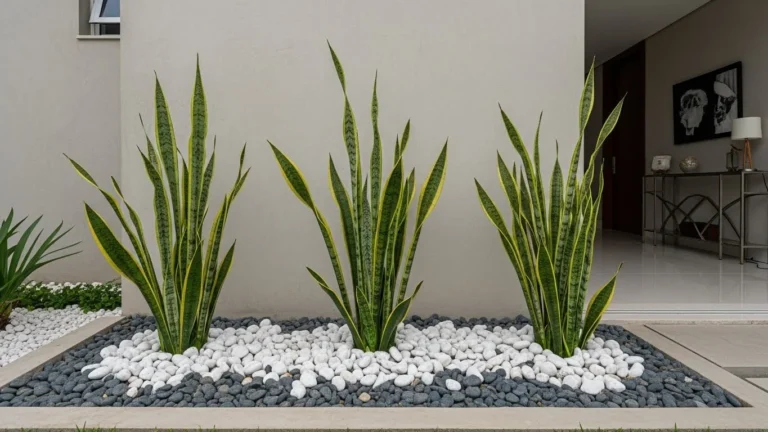 Espada de São Jorge cultivada em pedra brita em ambiente minimalista de casa brasileira moderna, técnica decorativa em alta que evita excesso de água e valoriza o visual contemporâneo