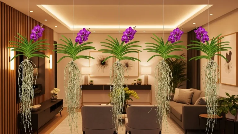 Orquídeas Vanda suspensas e alinhadas com raízes expostas em sala decorada elegante, com iluminação artificial quente.