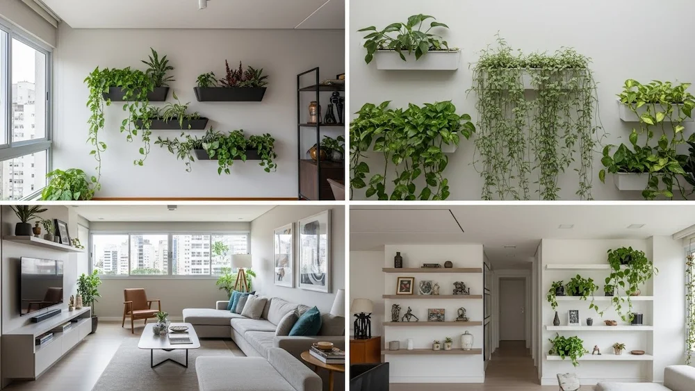 Sala de estar moderna com plantas integradas à decoração no estilo urban jungle, sem plantas no chão, em ambiente sofisticado