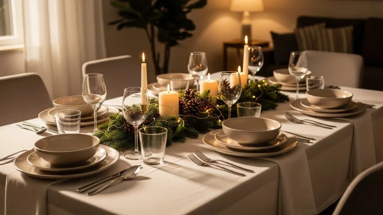 Mesa de Natal brasileira elegante e econômica com decoração simples, simétrica e sofisticada.