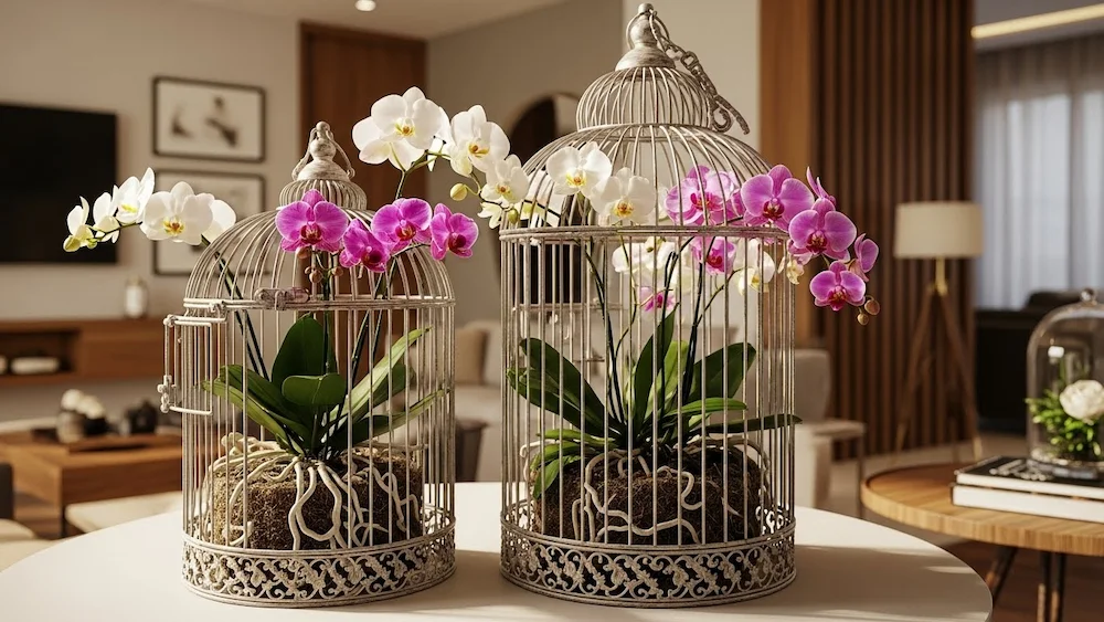 Gaiolas decorativas com orquídeas plantadas em ambiente interno de casa moderna