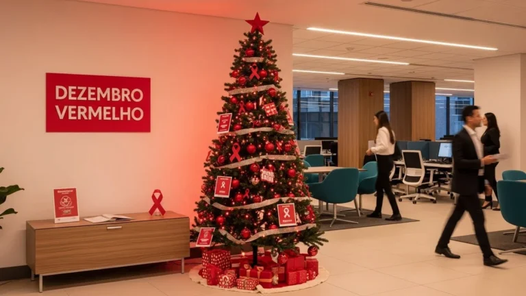 Árvore de Natal temática com elementos do Dezembro Vermelho em lobby de escritório moderno.