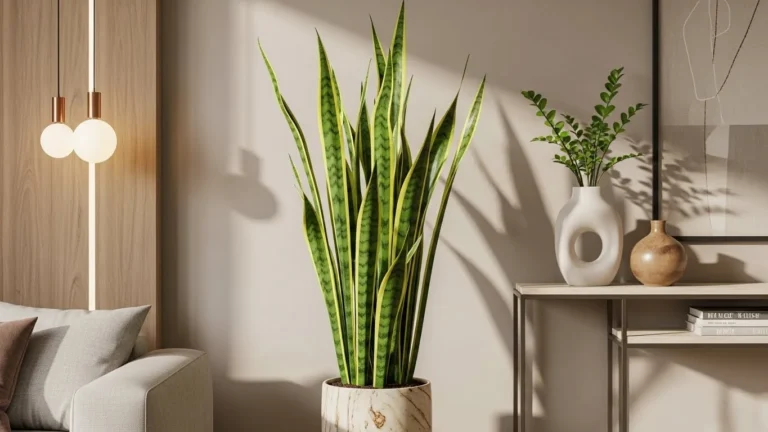 Sala moderna brasileira com vaso de Espada de São Jorge de folhas altas, rígidas e bordas amarelas em destaque.