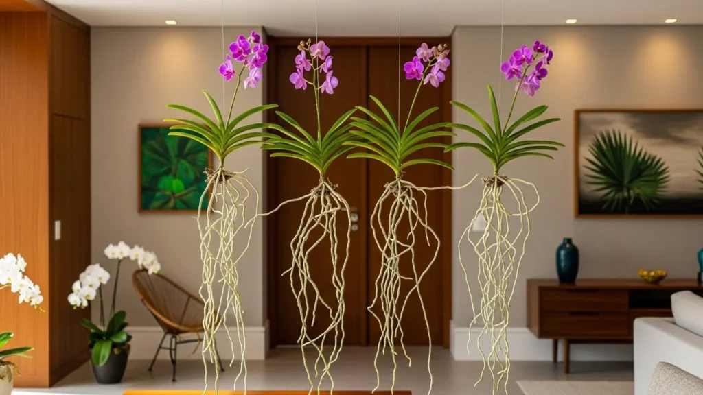 Orquídeas Vanda suspensas com raízes expostas em uma casa brasileira moderna