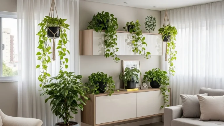 Sala de estar brasileira moderna decorada com plantas bonitas, saudáveis e bem cuidadas, criando um ambiente equilibrado e aconchegante