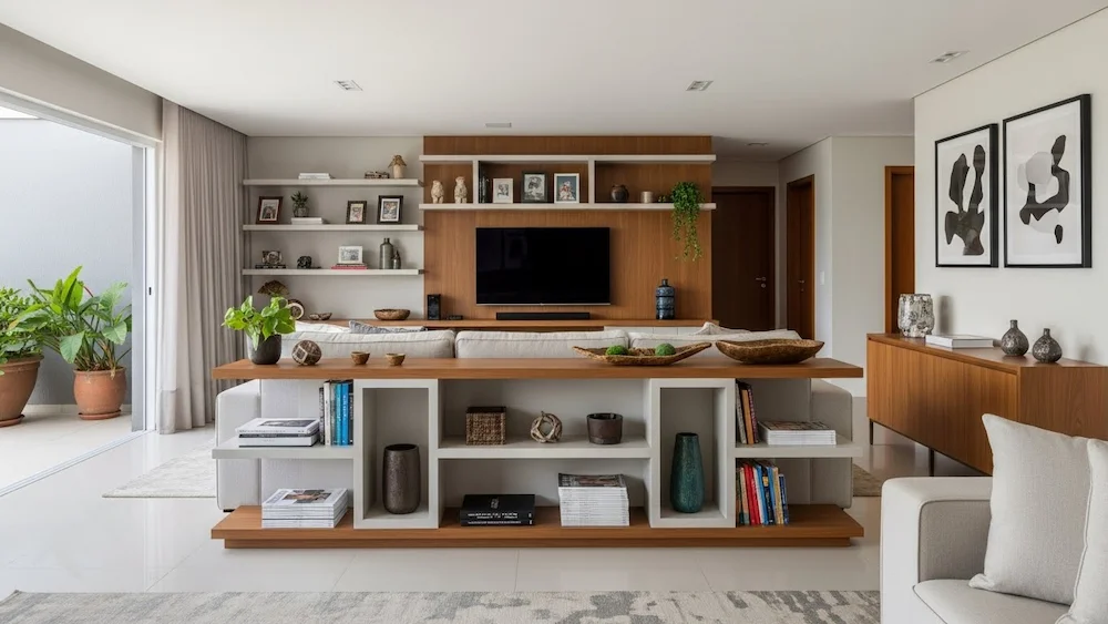 Estantes e nichos de madeira atrás do sofá em sala contemporânea brasileira, organizando livros, plantas e objetos decorativos com funcionalidade, estilo e integração dos ambientes.