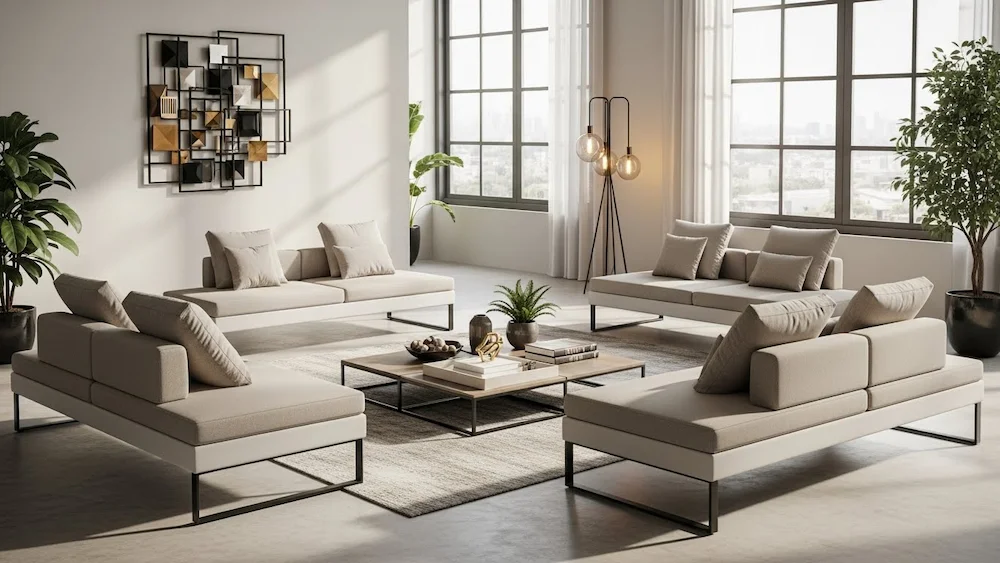 Uma sala de estar contemporânea com elegantes bancos minimalistas como opções de assento, dispostos harmoniosamente ao redor de uma mesa de centro estilosa. Em primeiro plano, um banco baixo com almofadas macias em tons neutros convida a relaxar sobre um tapete felpudo. Ao centro, uma mesa de centro moderna exibe elementos decorativos como uma pequena planta e livros, enquanto um jogo sutil de luz realça suas texturas. Ao fundo, revela-se um espaço aberto com grandes janelas que permitem a entrada abundante de luz natural, projetando sombras suaves que ampliam a sensação de amplitude do ambiente. A atmosfera geral é acolhedora e sofisticada, agradando ao público brasileiro, com elementos de decoração moderna, como uma obra de arte geométrica na parede e plantas de interior, refletindo as tendências de design contemporâneo.