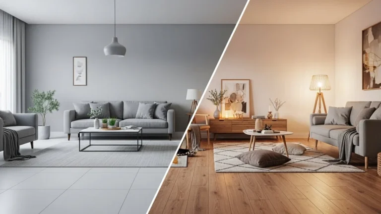 Comparação entre sala com piso frio e sala aconchegante com piso quente tendência