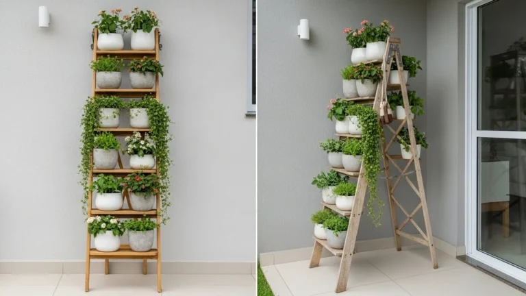 Floreira escada de madeira com plantas ornamentais em casa brasileira contemporânea