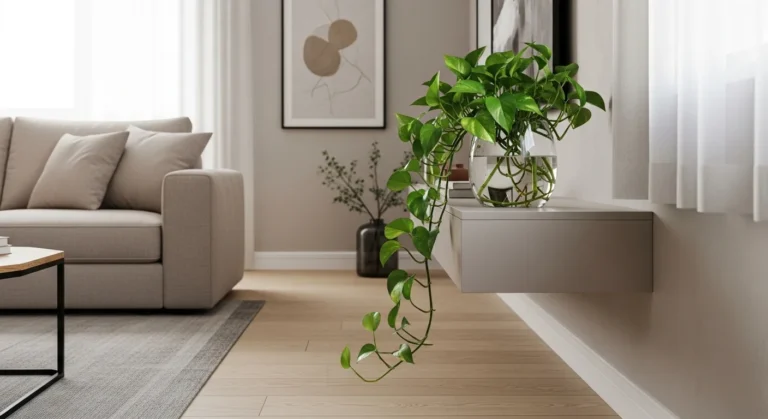 Sala contemporânea com jiboia cultivada na água em vaso de vidro, decorando o ambiente de forma elegante e natural.