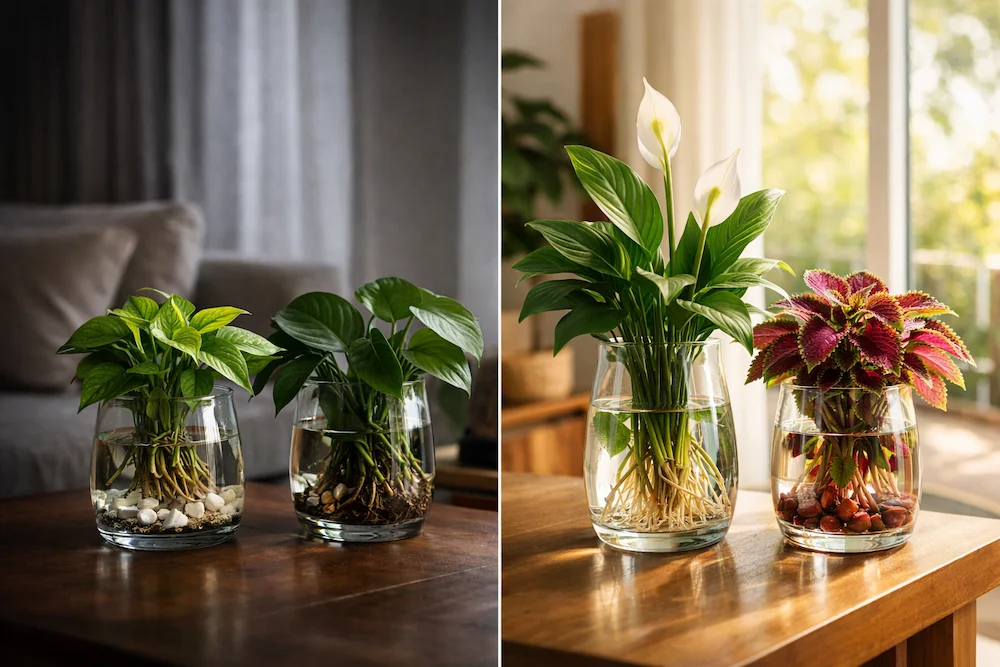 Imagem dividida mostrando plantas cultivadas em água em uma sala brasileira contemporânea: à esquerda, pothos e filodendro em vasos de vidro sob luz baixa e indireta; à direita, lírio-da-paz e cóleus em vasos transparentes recebendo luz natural intensa próxima à janela, destacando a diferença de iluminação ideal para cada espécie.