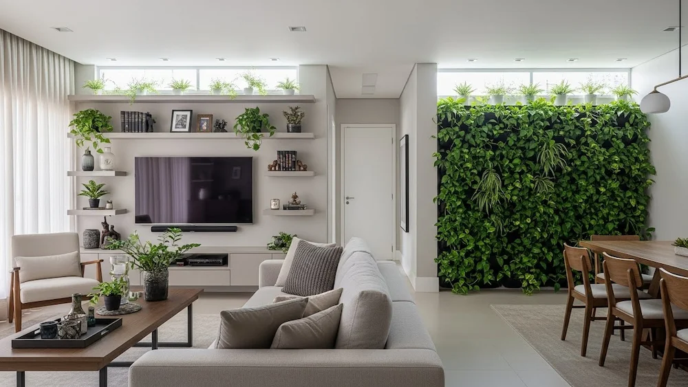 Sala de estar sofisticada e harmoniosa com plantas integradas à parede e boa iluminação natural, sem vasos no chão
