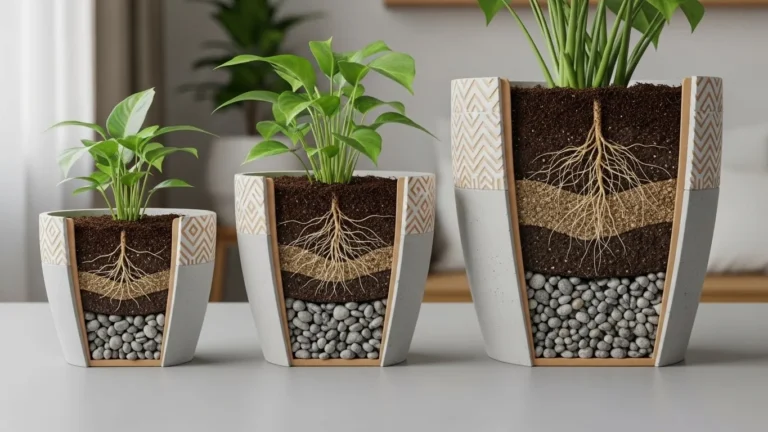 Demonstração visual do uso correto de pedras no fundo de vasos pequenos, médios e grandes para drenagem adequada das plantas.