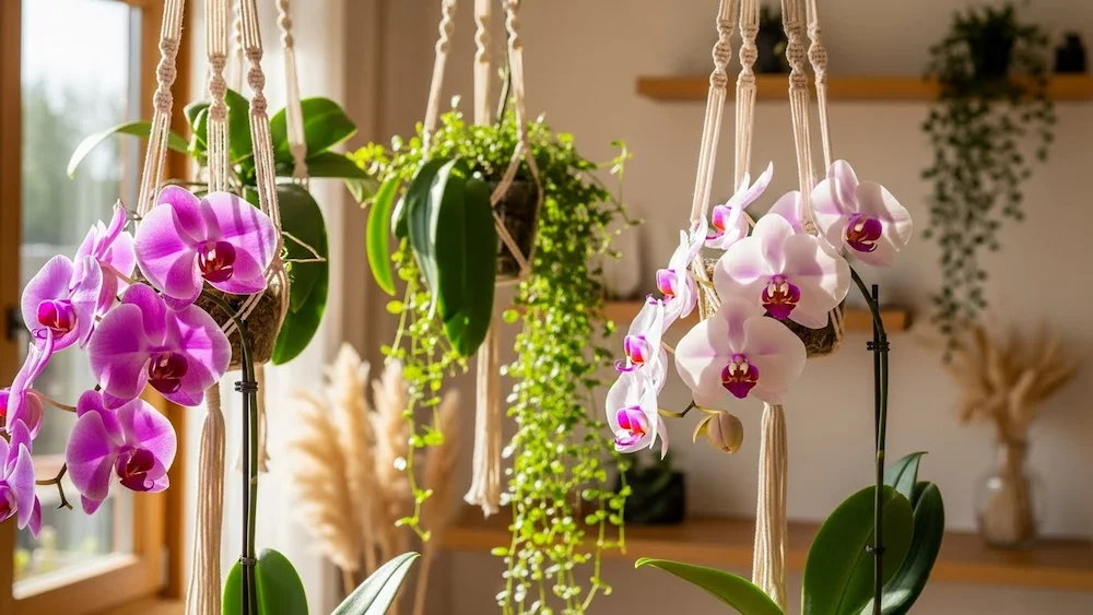 Uma cena cativante de orquídeas suspensas, graciosamente penduradas em elegantes suportes de macramê em um ambiente acolhedor e ensolarado. Em primeiro plano, vibrantes flores de orquídeas roxas e brancas são exibidas, com suas pétalas delicadamente iluminadas pela suave luz natural que entra por uma janela próxima. Em segundo plano, a folhagem verdejante proporciona um belo contraste, com algumas folhas caindo suavemente emoldurando as orquídeas. Ao fundo, um interior sereno e minimalista, com elementos de madeira clara e um toque de plantas decorativas, cria uma atmosfera aconchegante. O clima geral é de paz e convite, ressaltando a beleza e a elegância do cuidado com orquídeas suspensas.