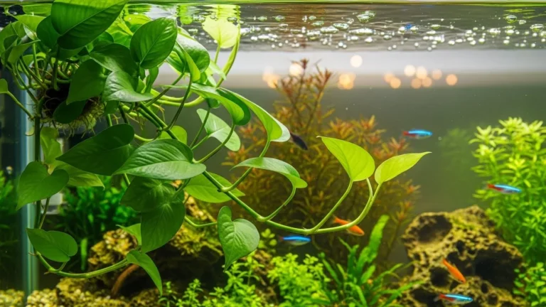Uma cena vibrante e realista com uma planta Pothos exuberante, elegantemente disposta em cascata dentro de um aquário lindamente decorado. Em primeiro plano, as folhas verdes e espessas da Pothos caem graciosamente sobre a borda do aquário, contrastando com a água cristalina e brilhante. No plano intermediário, peixes coloridos nadam entre pedras naturais e plantas aquáticas, criando um habitat cheio de vida. Ao fundo, bolhas suavemente iluminadas refletem uma luz ambiente e quente, proporcionando uma atmosfera tranquila. Fotografe a imagem de um ângulo ligeiramente superior para revelar a interação entre a Pothos e seu ambiente aquático, realçando a sensação de harmonia. Busque um clima sereno e convidativo, destacando a beleza da natureza.