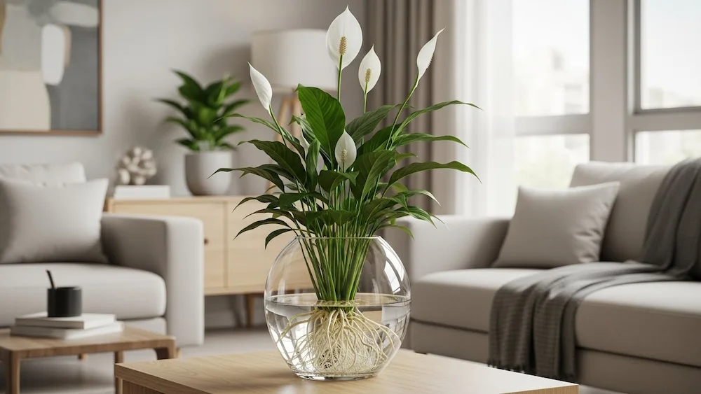Lírio-da-Paz cultivado na água em vaso de vidro transparente decorando ambiente brasileiro contemporâneo.