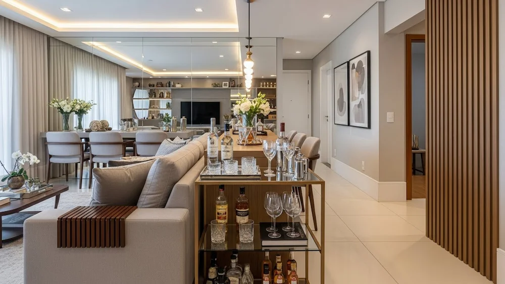 Mini bar elegante atrás do sofá em sala contemporânea brasileira, com aparador estreito, garrafas, taças e iluminação indireta, unindo praticidade e sofisticação na decoração.