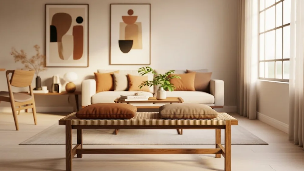 Uma sala de estar minimalista com um banco moderno projetado para criar uma atmosfera aconchegante. Em primeiro plano, um elegante banco de madeira com almofadas macias em tons terrosos exibe um design simples, porém sofisticado. No plano médio, uma pequena mesa de centro adornada com uma planta decorativa e um livro, com um amplo espaço ao redor, evoca uma sensação de amplitude. Ao fundo, uma parede decorada com bom gosto com obras de arte abstratas e uma grande janela filtram a luz natural e quente para o ambiente. Capture a atmosfera serena e convidativa, utilizando uma lente de foco suave para enfatizar a profundidade e uma paleta de cores quentes para agradar ao público brasileiro. Não deve haver pessoas na composição, garantindo uma imagem limpa e livre de elementos desnecessários.