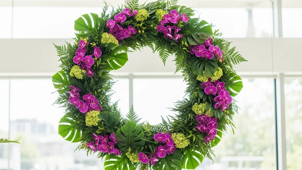 Arranjo circular suspenso com orquídeas e folhagens tropicais como costela de Adão e samambaias