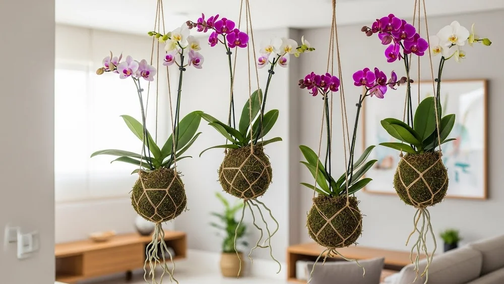 Orquídeas suspensas em kokedamas decorando ambiente interno moderno