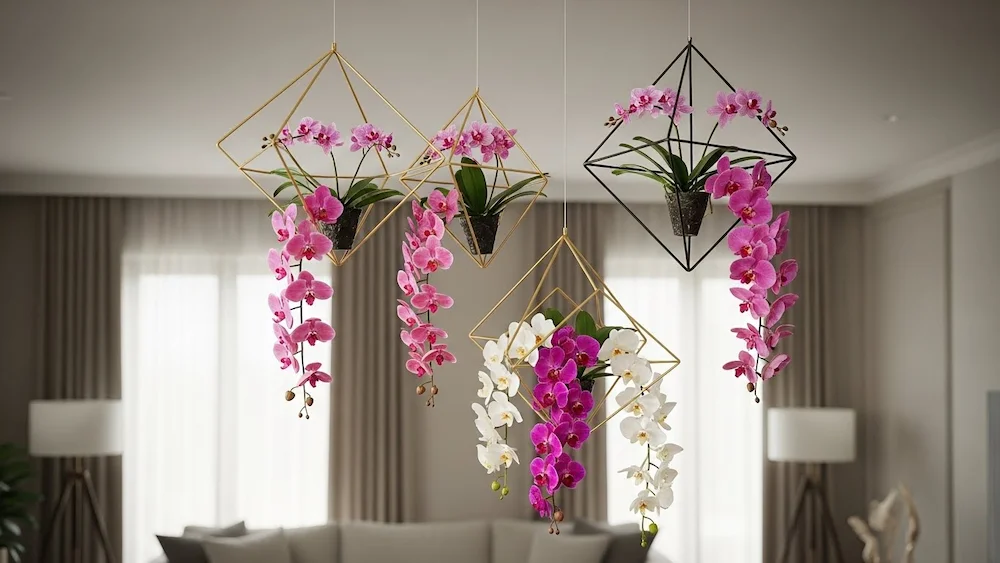Estruturas geométricas suspensas decoradas com orquídeas coloridas em ambiente moderno e sofisticado