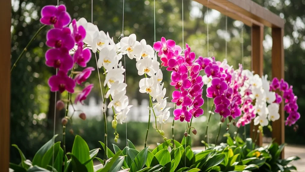 Uma deslumbrante coleção de orquídeas suspensas pende graciosamente de uma estrutura minimalista de madeira. As orquídeas exibem cores vibrantes como roxos profundos, brancos suaves e rosas brilhantes, cada flor delicadamente exposta. Em primeiro plano, folhas verdejantes criam um rico contraste. O plano intermediário apresenta as orquídeas suspensas, com a luz suave do sol filtrando-se através delas, projetando sombras suaves que realçam sua beleza. O fundo é uma paisagem natural desfocada com toques de vegetação e bokeh suave, criando uma atmosfera etérea. A iluminação natural e quente evoca sentimentos de serenidade e elegância, tornando a cena convidativa e harmoniosa. A composição foi concebida para destacar tanto a sofisticação das orquídeas quanto a beleza da natureza entrelaçada na decoração.