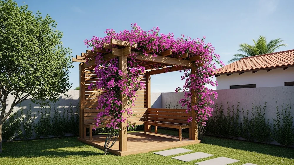 Pergolado pequeno de madeira em quintal brasileiro, coberto por primavera (bougainvillea) com flores rosa vibrantes, criando uma área externa simples, bonita e aconchegante.