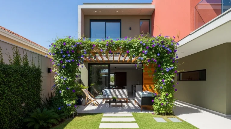 Pergolado pequeno com ipomeia em quintal de casa brasileira contemporânea, com paredes em tom terroso e design moderno, criando sombra natural e flores exuberantes na área externa.