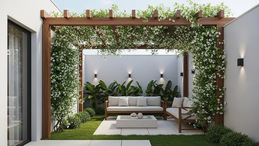Pergolado pequeno em quintal brasileiro contemporâneo decorado com jasmim-dos-poetas, com flores brancas delicadas e visual elegante, criando um ambiente externo perfumado e aconchegante.