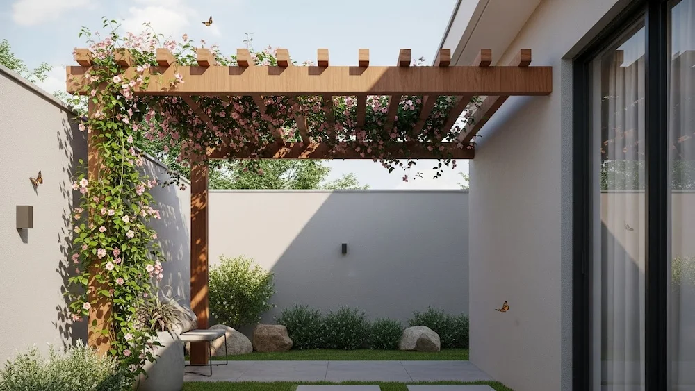 Pergolado pequeno em quintal brasileiro contemporâneo decorado com amor-agarradinho, com flores delicadas em tons suaves, criando um ambiente romântico, elegante e acolhedor na área externa.