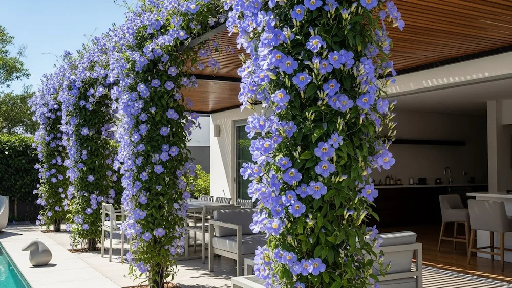 *Ultra-realistic exterior photography of a Brazilian pergola partially covered with Tumbérgia-azul vine, showcasing its vibrant blue, bell-shaped flowers as the main visual highlight.
The pergola is located in a modern Brazilian outdoor area, such as a backyard or garden, with a clean and well-organized composition.The Tumbérgia-azul appears healthy and vigorous, climbing the pergola structure in a controlled and elegant way, with guided branches and visible pruning balance — lush but not invasive.
Flowers are intense blue with subtle yellow centers, standing out against green foliage.Natural sunlight illuminates the scene, suggesting full sun or light partial shade, creating vivid colors and soft shadows.
Include minimal outdoor elements such as neutral furniture, concrete or wooden flooring, and a contemporary garden style to reinforce a renovated, fresh atmosphere.No people, no text, no lettering, no symbols.
Editorial-style photography, harmonious composition, realistic lighting, 8K ultra-high-definition, Brazilian contemporary garden aesthetic.*
