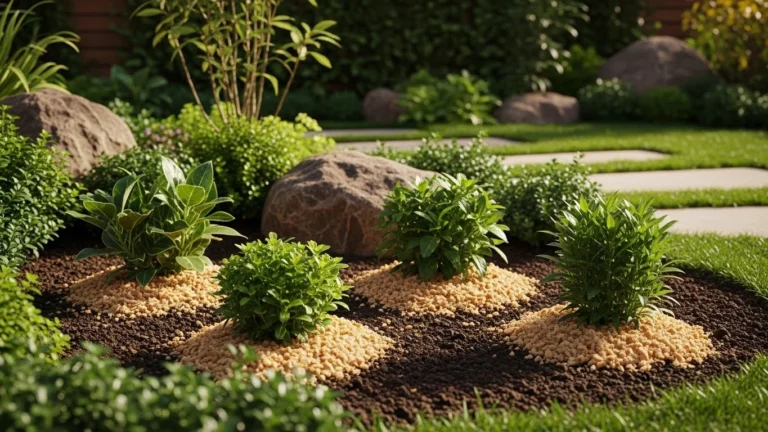 Jardim decorado com plantas saudáveis adubadas com farelo de casca de pão como fertilizante natural