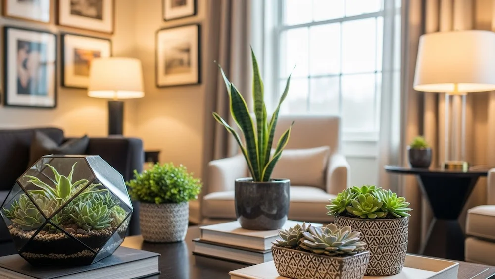 Um luxuoso espaço de estar interior com diversas plantas compactas dispostas elegantemente sobre móveis modernos e sofisticados. Em primeiro plano, uma elegante mesa de centro exibe um terrário chique, enquanto suculentas em vasos decorativos adicionam um toque de verde. No plano intermediário, uma poltrona sofisticada fica ao lado de uma janela iluminada, onde uma pequena espada-de-são-jorge prospera sob a luz natural. Ao fundo, uma iluminação ambiente suave destaca uma parede de galeria de bom gosto adornada com obras de arte. A atmosfera geral é acolhedora e convidativa, incorporando uma estética refinada adequada para decoração de interiores de alto padrão. A cena foi capturada com pouca profundidade de campo e um efeito de foco suave, enfatizando as plantas e desfocando sutilmente o entorno, criando um clima tranquilo e sofisticado.