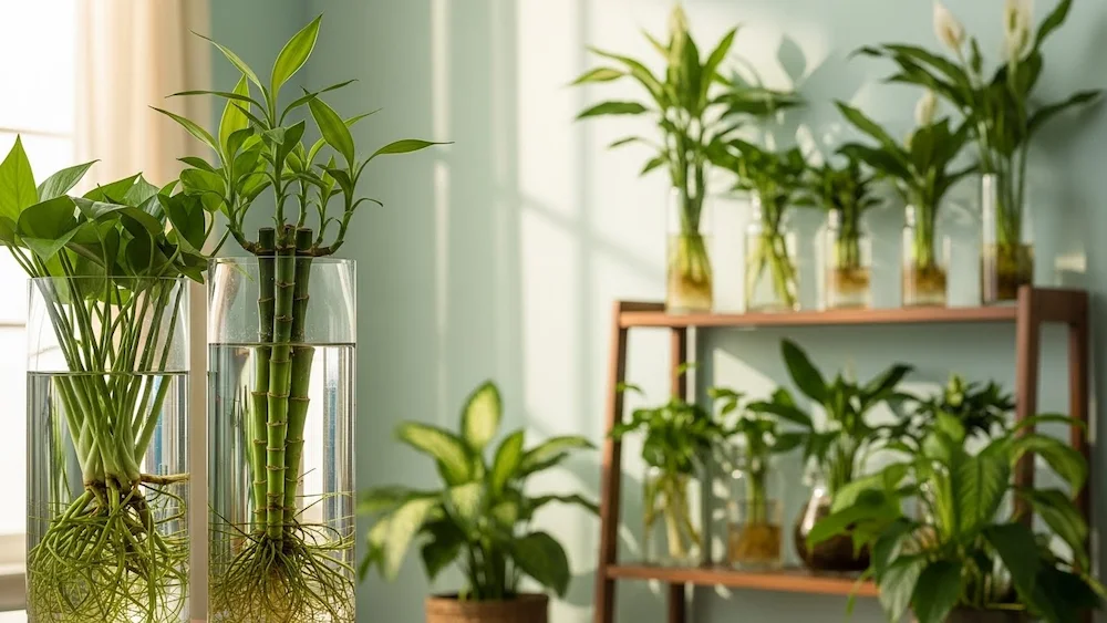 Um ambiente doméstico sereno, com uma bela variedade de plantas aquáticas, incluindo espécies como jiboia, bambu e lírio-da-paz. Em primeiro plano, altos vasos de vidro cheios de água cristalina e raízes verdejantes refletem a luz natural, criando um brilho lustroso. Ao centro, uma prateleira de madeira adornada com diversos recipientes com água, sustentando as plantas, se destaca contra uma parede clara e suave. Ao fundo, uma janela permite que a luz solar difusa e delicada projete um brilho quente sobre a cena, intensificando a atmosfera tranquila. A paleta de cores é relaxante, com tons de verde e terrosos suaves. A imagem evoca sentimentos de paz e inspiração para entusiastas da jardinagem em ambientes internos, ressaltando a beleza do cultivo de plantas exclusivamente em água.