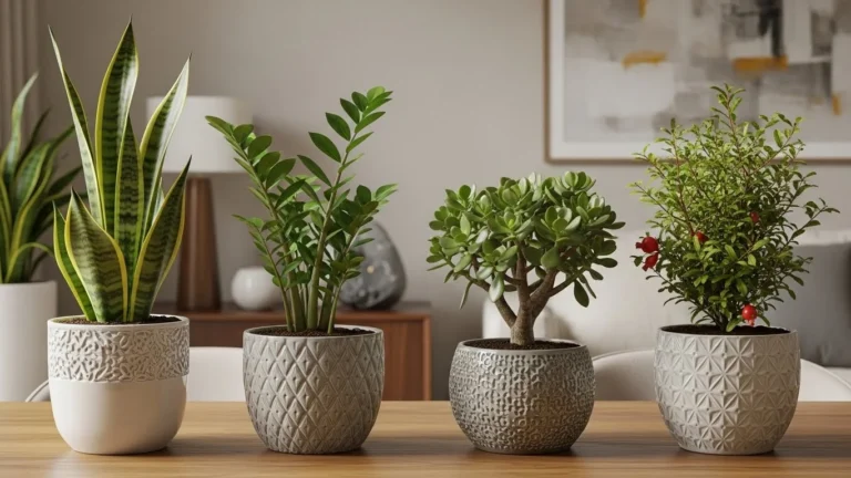 Plantas da sorte em vasos decorativos sobre mesa em casa brasileira, simbolizando prosperidade, proteção e boas energias para o fim de ano.