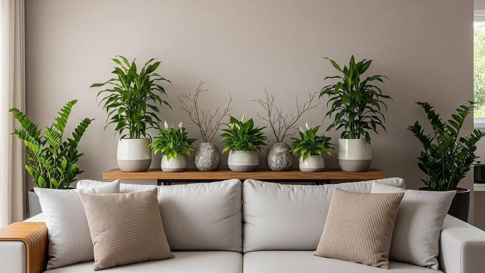 Plantas e elementos naturais posicionados atrás do sofá em sala moderna, criando ambiente acolhedor e harmonioso.