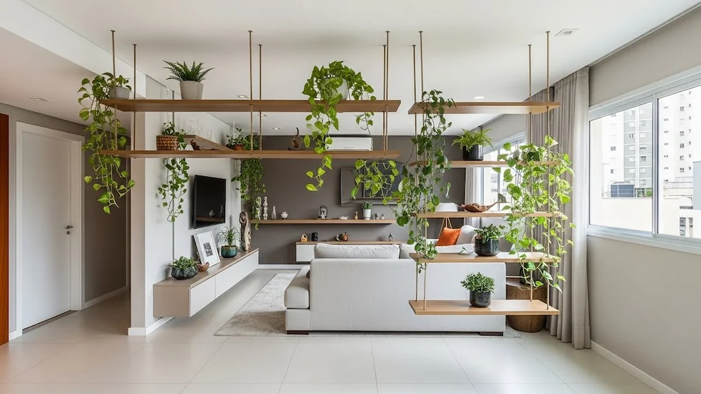 Sala de estar moderna com prateleiras e suportes suspensos para plantas, criando camadas decorativas sem vasos no chão