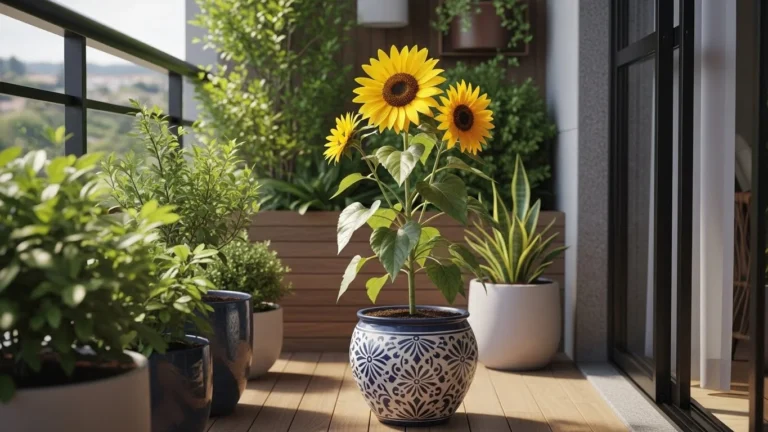 Varanda brasileira decorada com jardim e vaso de girassol-anão, planta ornamental de flores grandes e coloridas em ambiente externo.