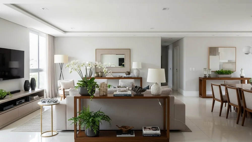 Sofá fora da parede em sala integrada brasileira, criando circulação fluida, zonas funcionais e aproveitamento decorativo do espaço atrás do sofá, seguindo tendência moderna de arquitetura e decoração.