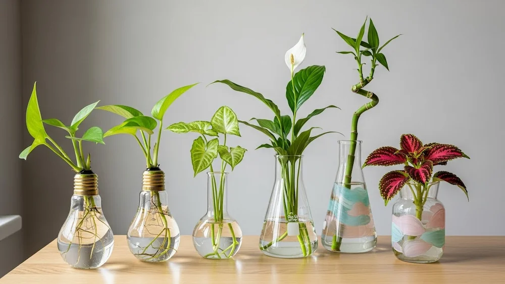 Plantas cultivadas na água em recipientes criativos como lâmpadas e vidrarias decorativas
