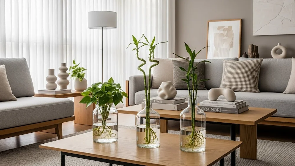 Sala contemporânea decorada com três vasos de vidro com plantas cultivadas na água, criando um ambiente elegante e acolhedor