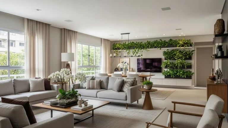 Sala de estar sofisticada sem plantas no chão, com decoração moderna e plantas integradas à parede, ideal para casas chiques