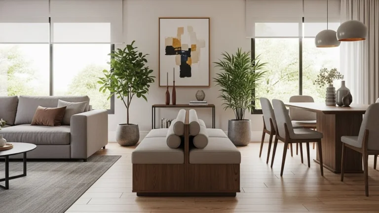 Ultra-realistic interior photography of a modern Brazilian open-plan living space using a side bench as an elegant room divider. The divider bench has clean, minimalist lines and proportions close to 47cm x 50cm x 140cm, positioned between the living room and dining area to subtly define each space without blocking light or circulation. The bench features high-quality materials, such as natural wood or upholstered finishes, blending functionality and contemporary design. The environment includes a sofa on one side, a dining table on the other, indoor plants, neutral color palette, warm textures and natural daylight entering through large windows. The composition highlights fluidity, openness and smart spatial organization. Professional interior design photography, ultra-realistic materials, soft shadows, balanced framing, 8K UHD, no people, no text, no logos.