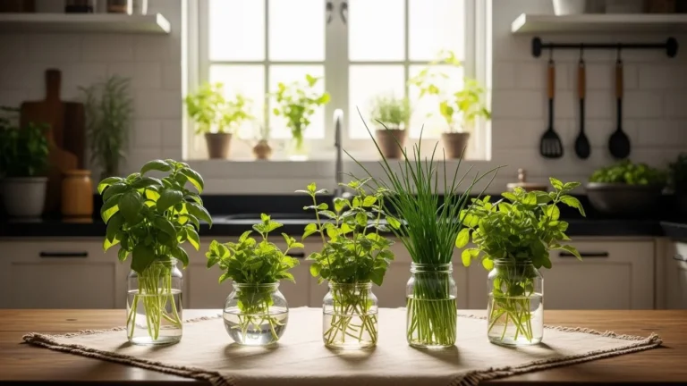 Uma cena aconchegante de cozinha com um microjardim repleto de ervas aromáticas, como manjericão, hortelã e cebolinha, cultivadas em vasos de vidro transparente. Em primeiro plano, uma mesa de madeira com uma toalha rústica exibe as plantas cuidadosamente dispostas. Ao centro, uma janela elegante e bem iluminada realça a vegetação vibrante, criando uma atmosfera refrescante. Ao fundo, armários de cozinha claros e alguns utensílios pendurados adicionam detalhes ao ambiente. A luz do sol entra pela janela, projetando sombras suaves que reforçam a sensação orgânica. O clima geral é sereno e convidativo, perfeito para ilustrar os benefícios de se ter uma microhorta na cozinha. Todos os elementos devem refletir uma estética moderna de cozinha brasileira, garantindo um ambiente acolhedor e convidativo, sem elementos supérfluos.