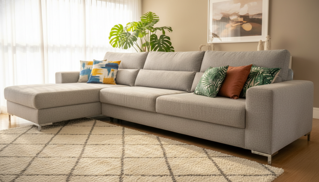 Um sofá moderno e elegante, com design sofisticado, ocupa uma sala de estar estilosa, revestido em tecido cinza claro com texturas suaves. O sofá tem formato em L