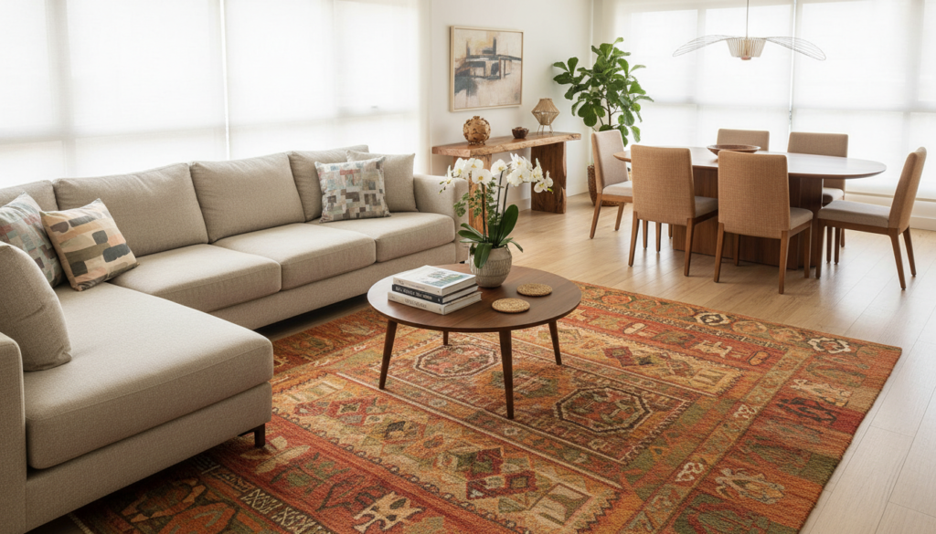 Uma sala de estar aconchegante com um tapete estiloso como ponto focal do ambiente.