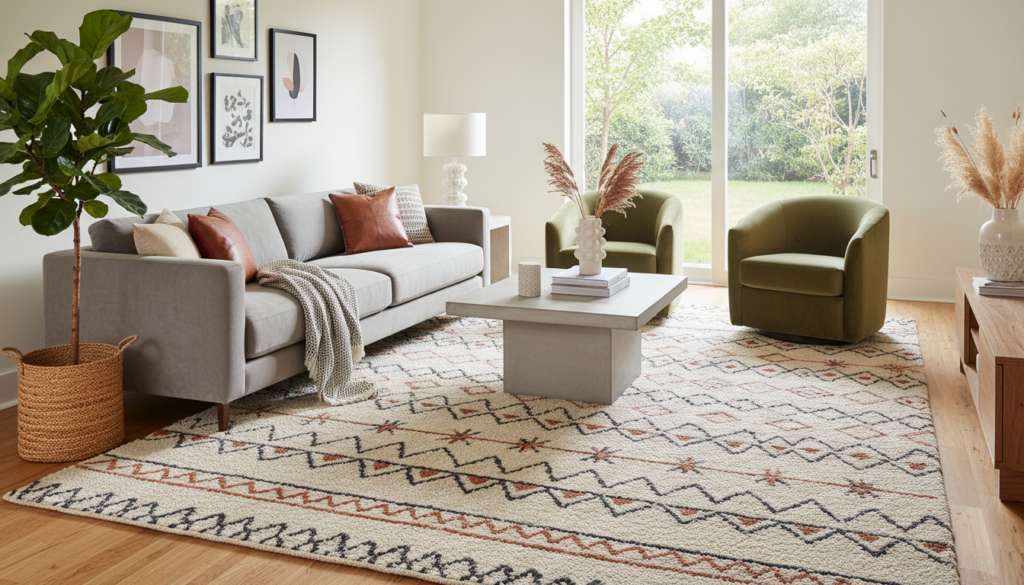 Uma sala de estar moderna com um tapete elegante que se integra visualmente ao espaço, mostrando o tamanho e o posicionamento corretos para valorizar as dimensões do ambiente.