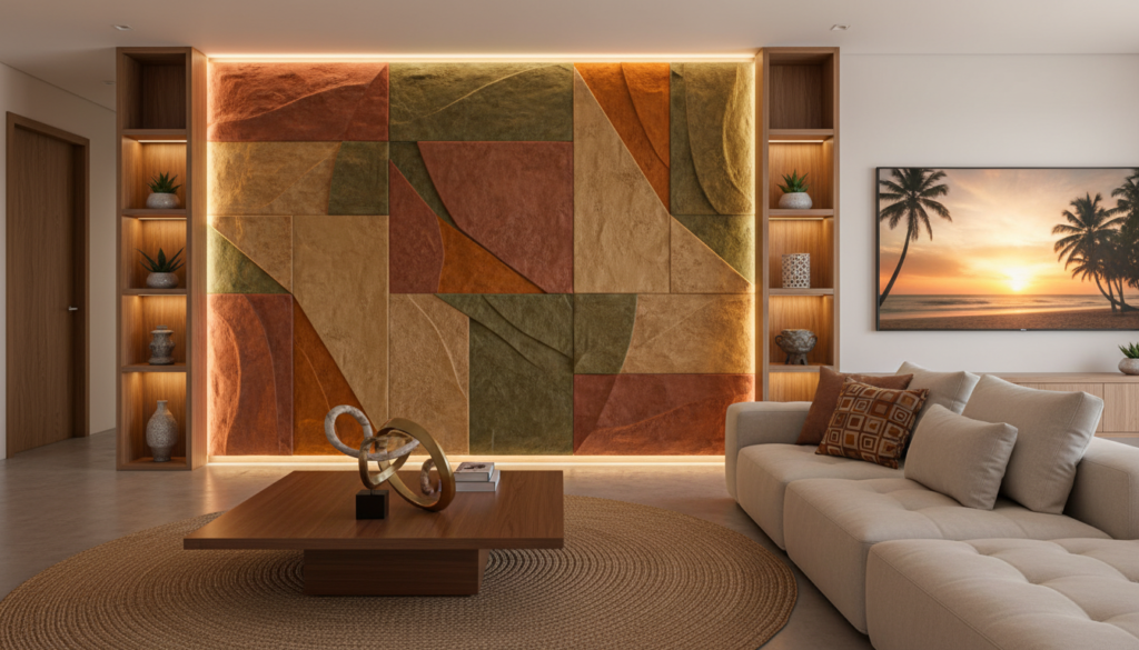 A modern living room featuring a textured wall that plays a focal role in the design, illuminated by strategically placed soft, warm lighting. In the foreground, a sleek, minimalist coffee table is adorned with a tasteful decorative piece. The middle showcases the textured wall, rich in patterns and colors that catch the light beautifully, enhancing its visual depth. In the background, a wall-mounted LED screen is subtly present, reflecting an ambiance of contemporary sophistication. The overall setting should evoke a cozy yet stylish atmosphere, with gentle shadows enhancing the wall's texture. The image should be captured at a slight angle, as if inviting the viewer to experience the space. The warm color palette emphasizes relaxation and harmony, perfect for a Brazilian audience.